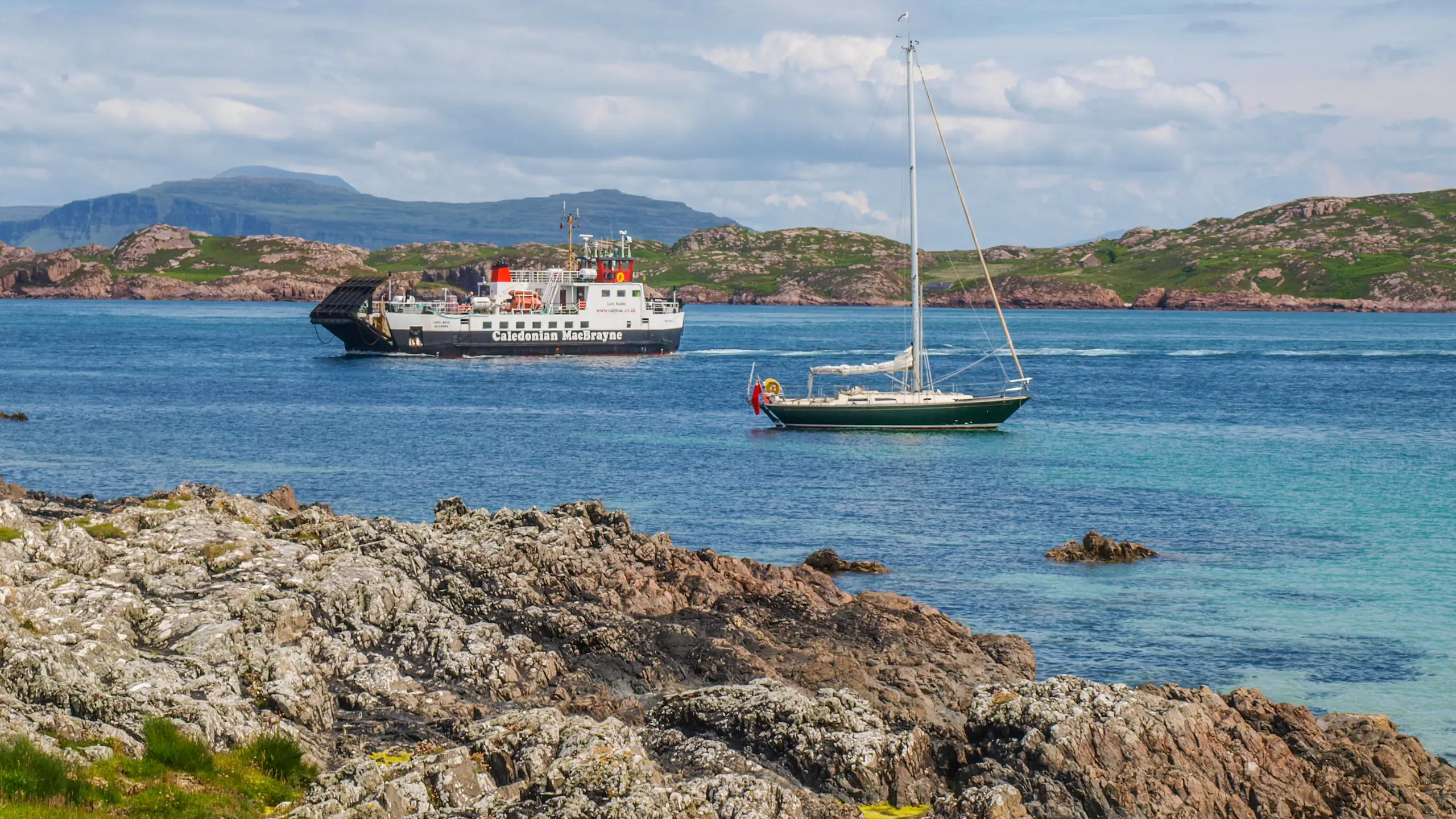 Pickle at anchor and the ferry across to Mull